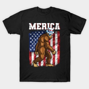 Bigfoot Sasquatch Merica American Flag T-Shirt